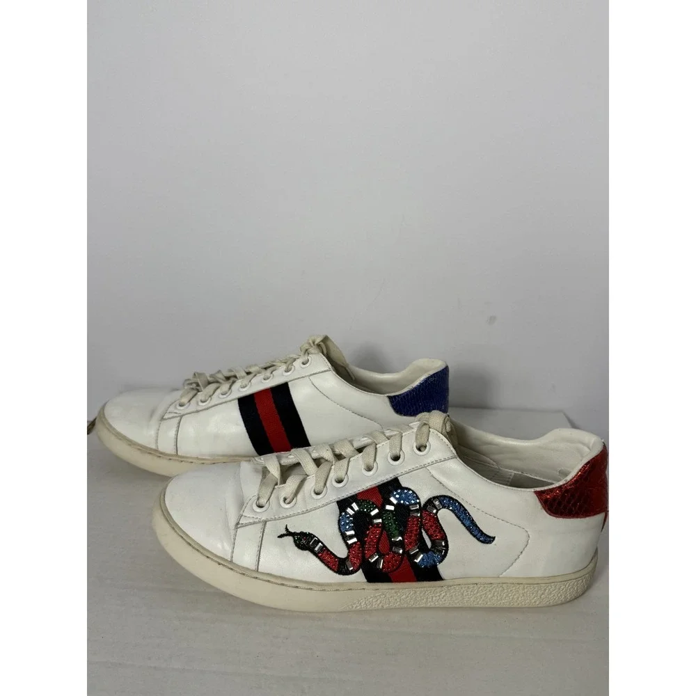 Gucci Ace Kingsnake Sneakers White Leather Men's 8.5 EU 41.5 Authentic - Picture 2 of 11